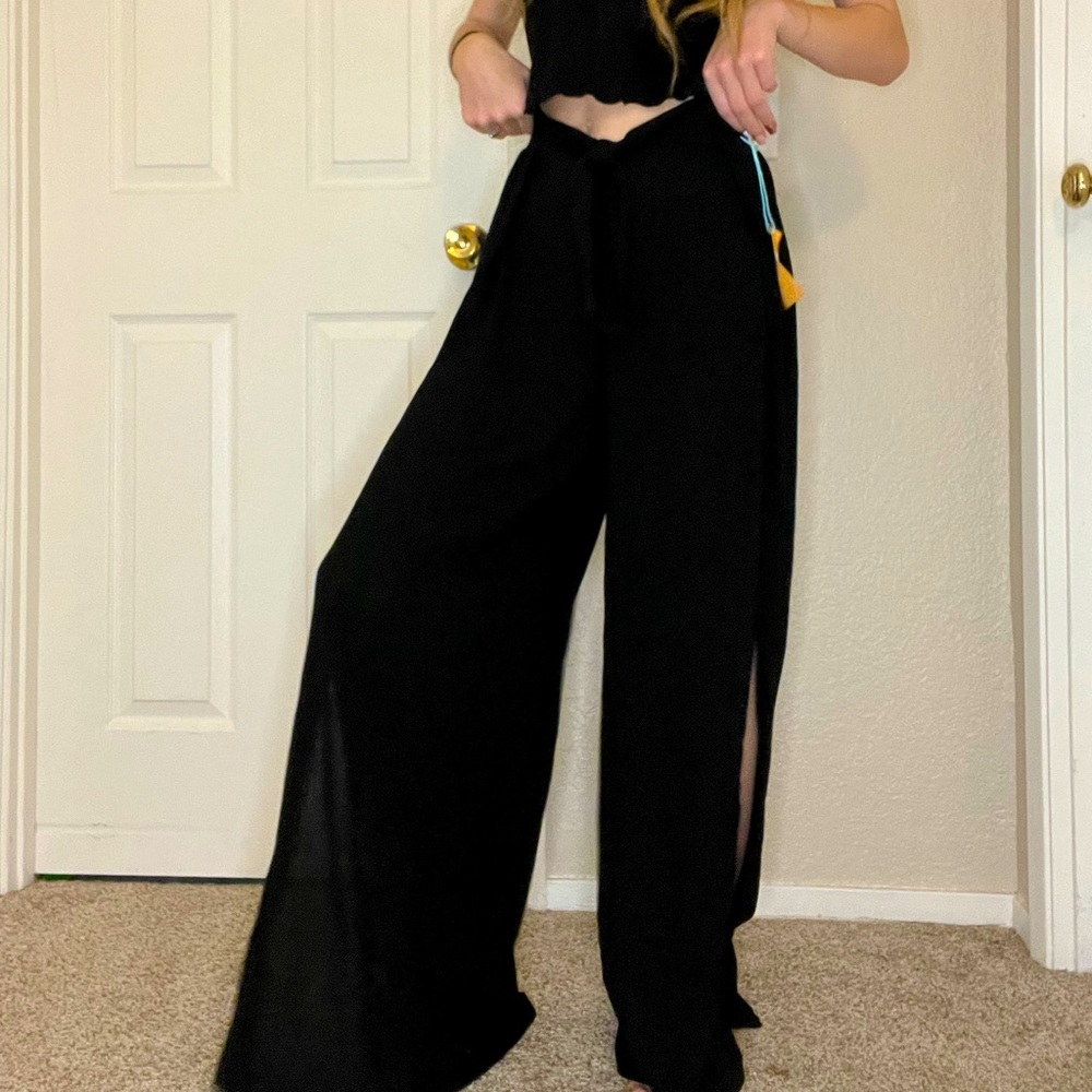 BLACK SLIT LOOSE DRESS PANTS, TIE FRONT, SIDE SLIT, BLACK DRESS PANTS